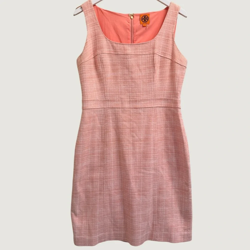 Tory Burch Tweed Sheath Dress Sleeveless Square Neck Size 10 Coral Pink